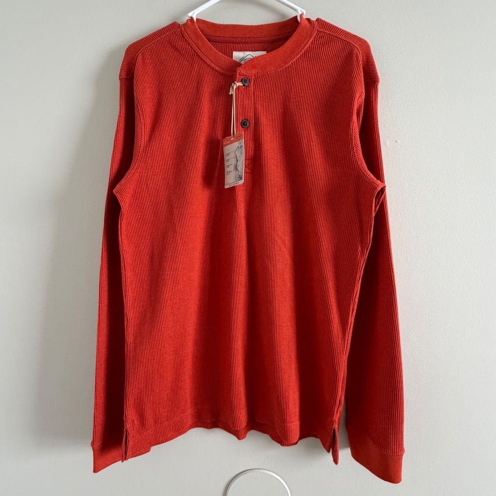 St Johns Bay Mens Waffle Knit Henley Shirt Brickyard Red Long Sleeve Size M NEW